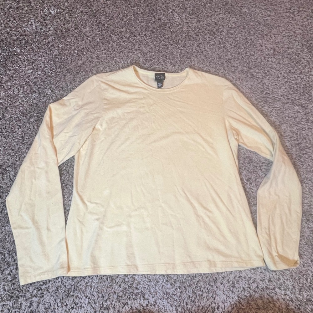 Eileen Fisher Women Medium Yellow Cotton Lycra Long Sleeve Crewneck Top USA Made